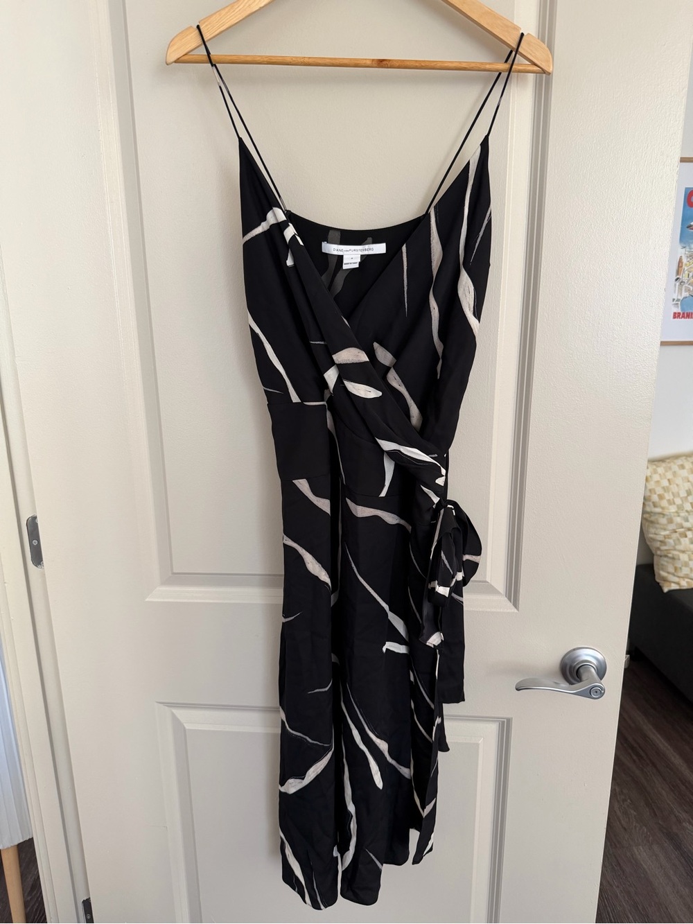 Silk Diane Von Furstenberg Black Midi Wrap Dress with Cream Abstract Print